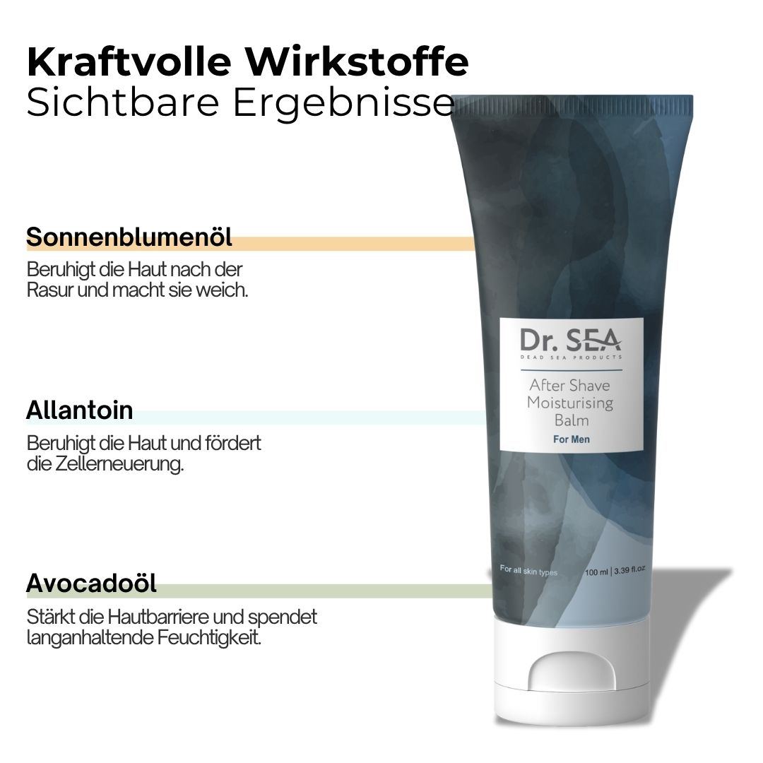 Blaue Tube After Shave Balsam. Text: Sonnenblumenöl, Allantoin, Avocadoöl. Kraftvolle Wirkstoffe. Sichtbare Ergebnisse.