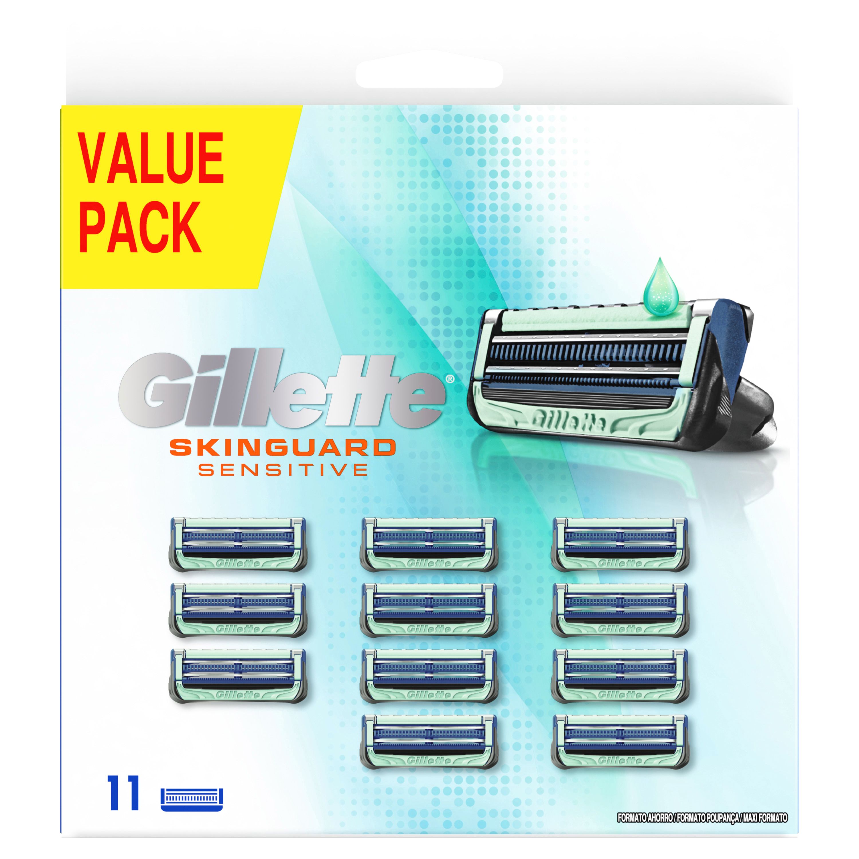 Gillette SkinGuard Ersatzklingen. Packung mit 11 Klingen. Aufschrift "VALUE PACK". Rasierer mit grünen Akzenten.