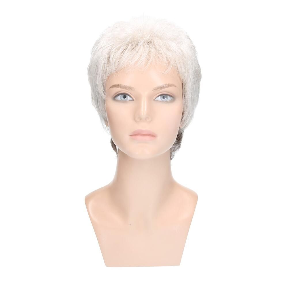 Perücke Vicky von Lofty in Naturweiß, Nacken dunkler, auf Büste. Frontansicht.