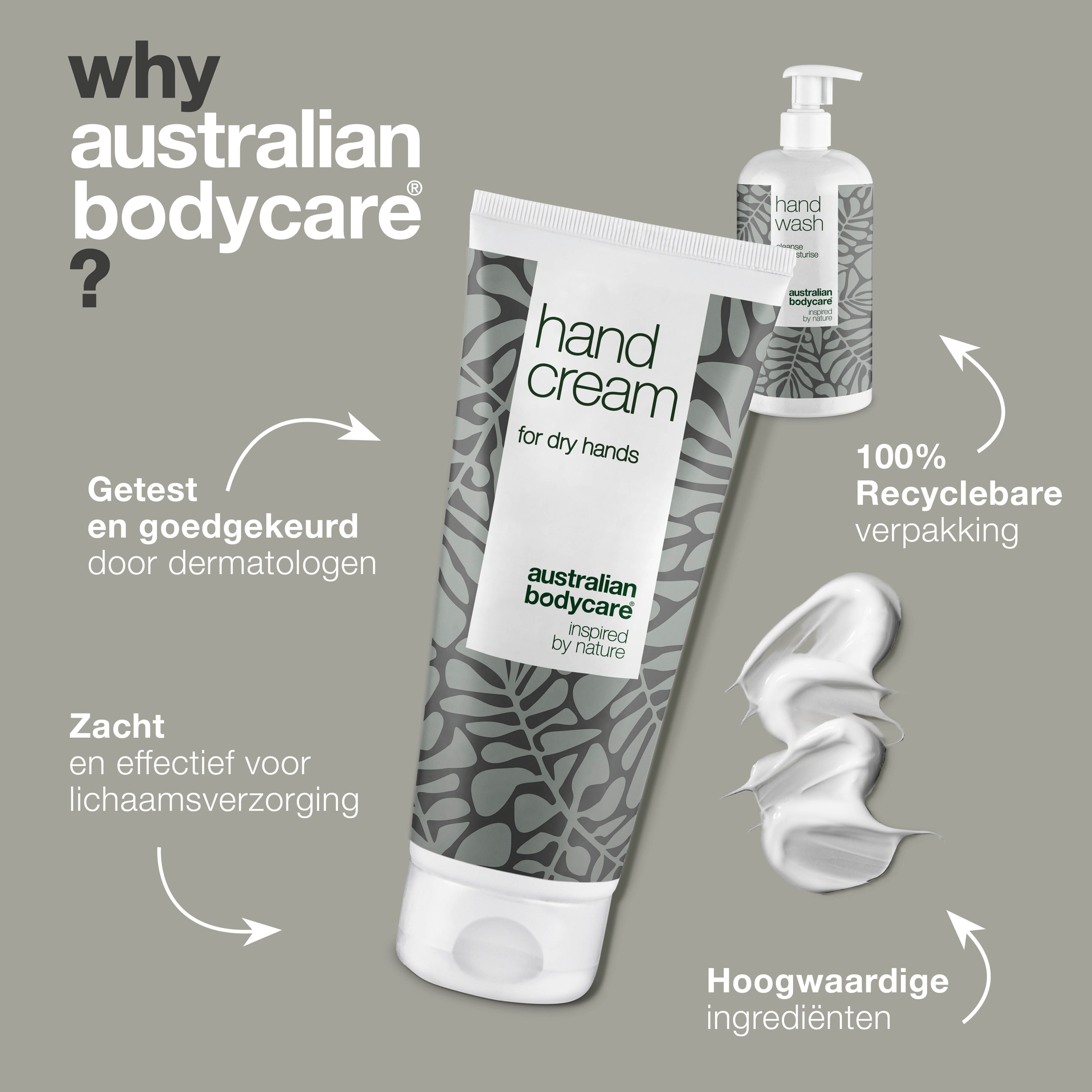 Handcrème en handzeep. Tekst: Getest door dermatologen, 100% recyclebare verpakking, hoogwaardige ingrediënten.