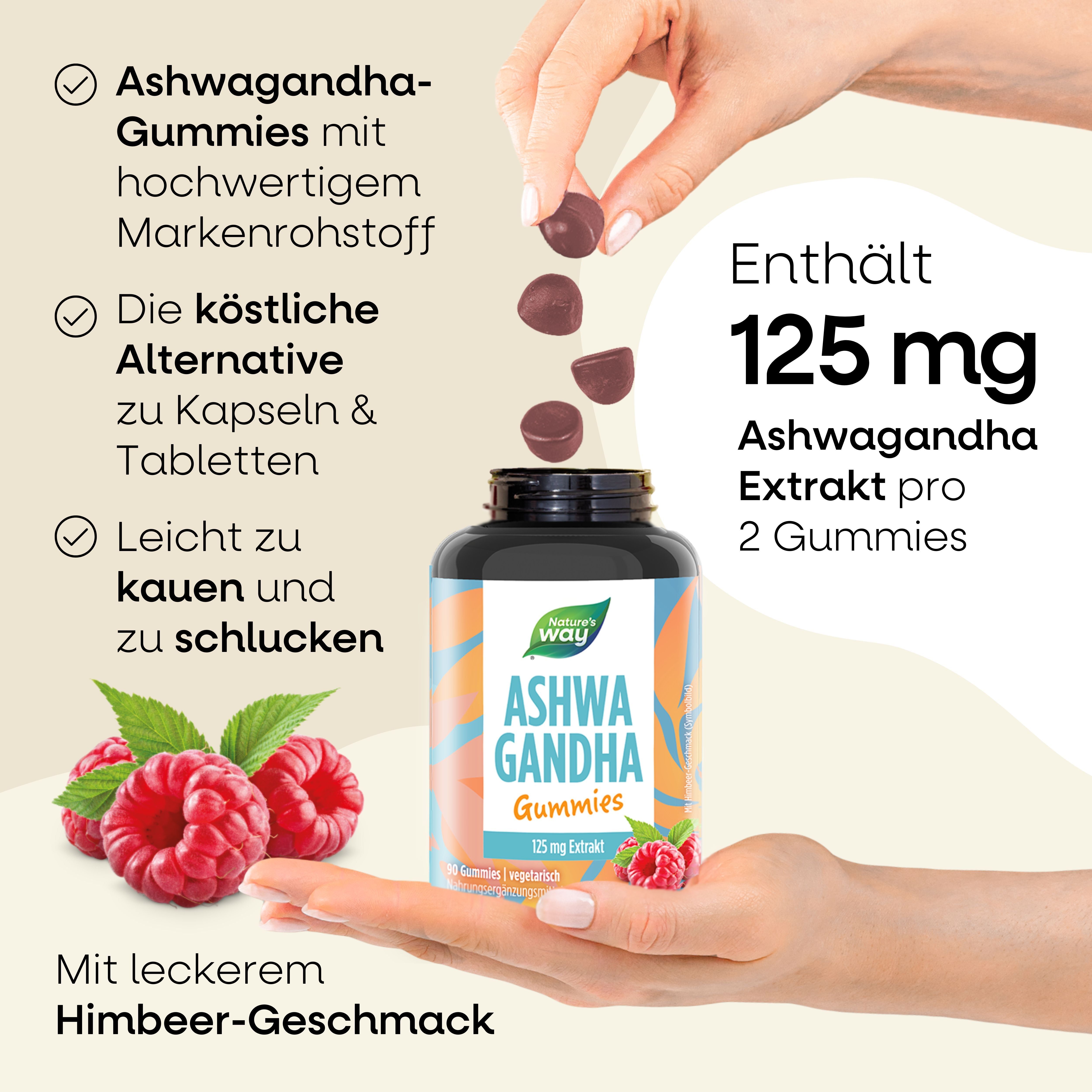 Hände halten Ashwagandha Gummies und eine Dose. Text: Enthält 125 mg Ashwagandha Extrakt pro 2 Gummies. Himbeergeschmack.