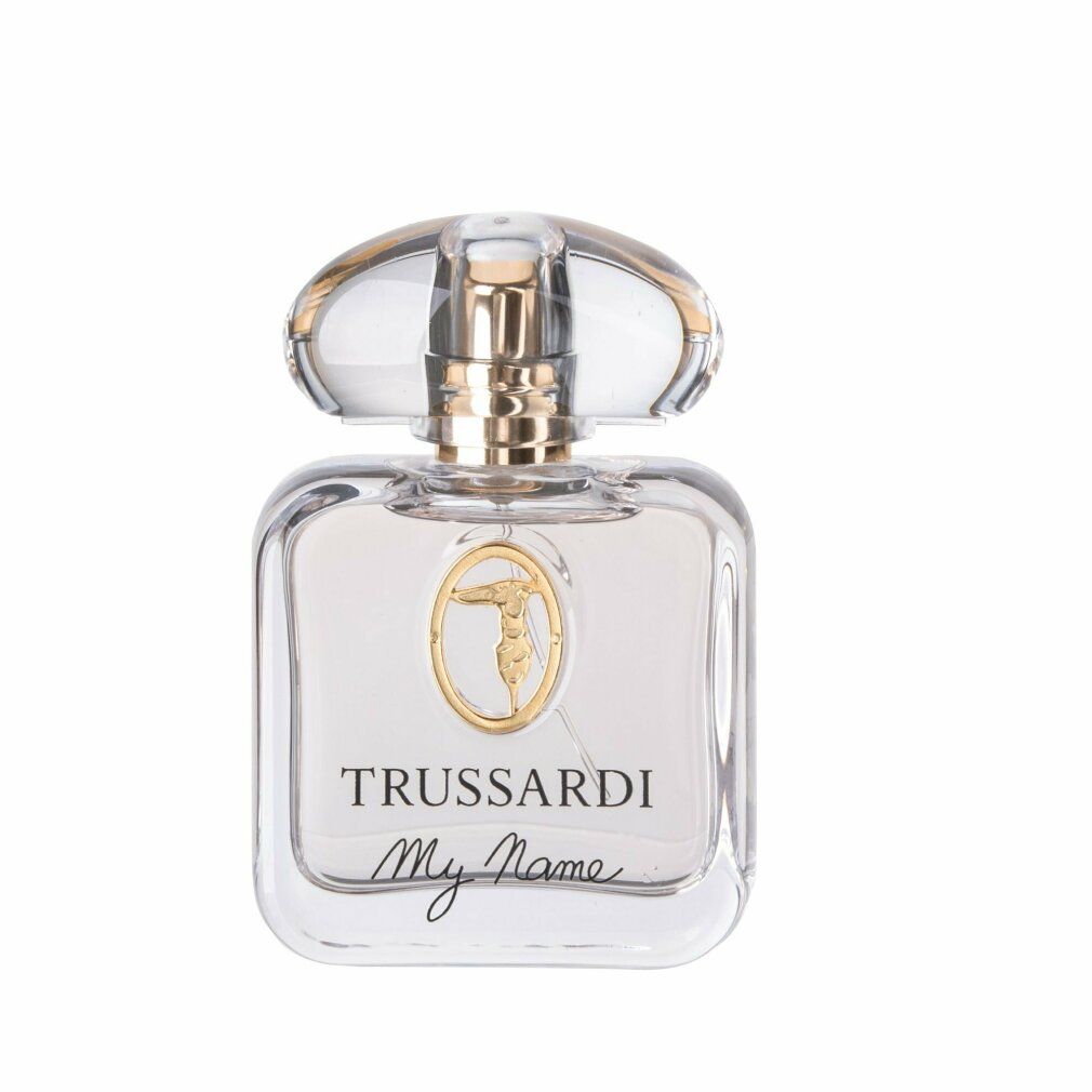 Parfümflakon mit goldfarbenem Verschluss. Marke Trussardi, Schriftzug My Name. Logo auf dem Flakon.