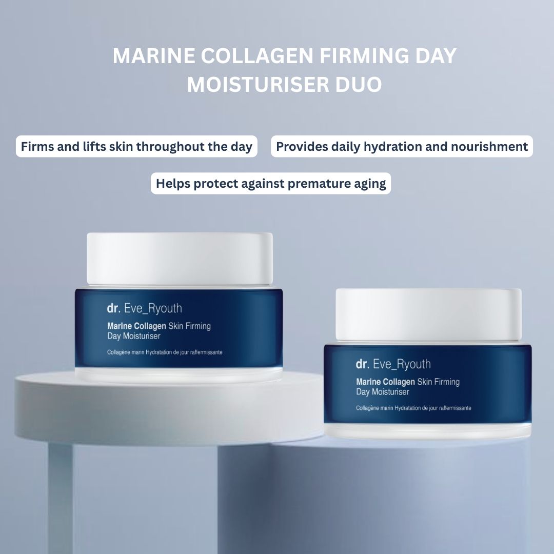 Zwei Tiegel Dr. Eve_Ryouth Marine Collagen Tagescreme. Blaue Behälter mit weißem Deckel. Text: Marine Collagen Skin Firming Day Moisturiser.