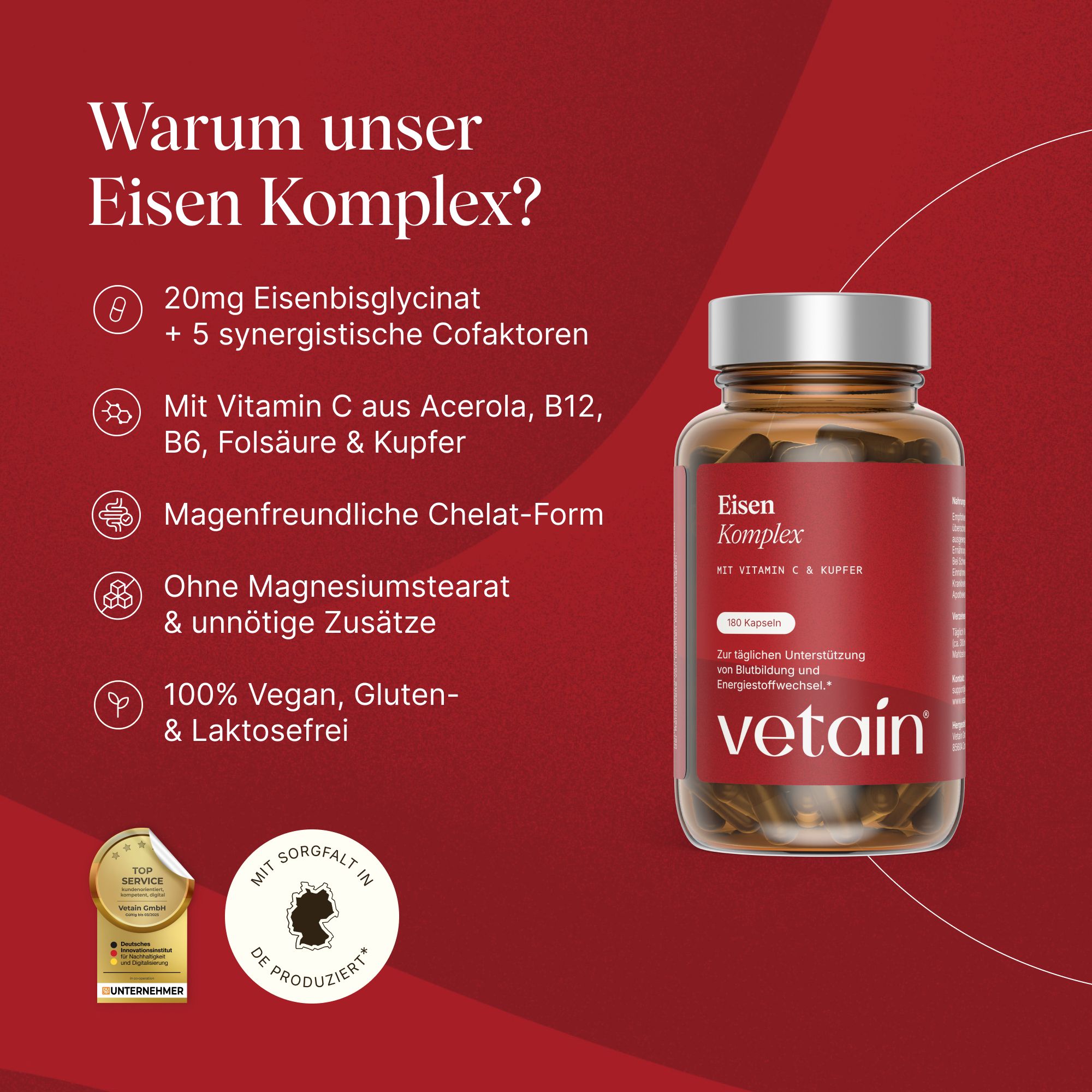 Braune Glasflasche mit Kapseln. Rotes Etikett: Eisen Komplex, 180 Kapseln. Text: 20mg Eisenbisglycinat, +5 synergistische Cofaktoren.