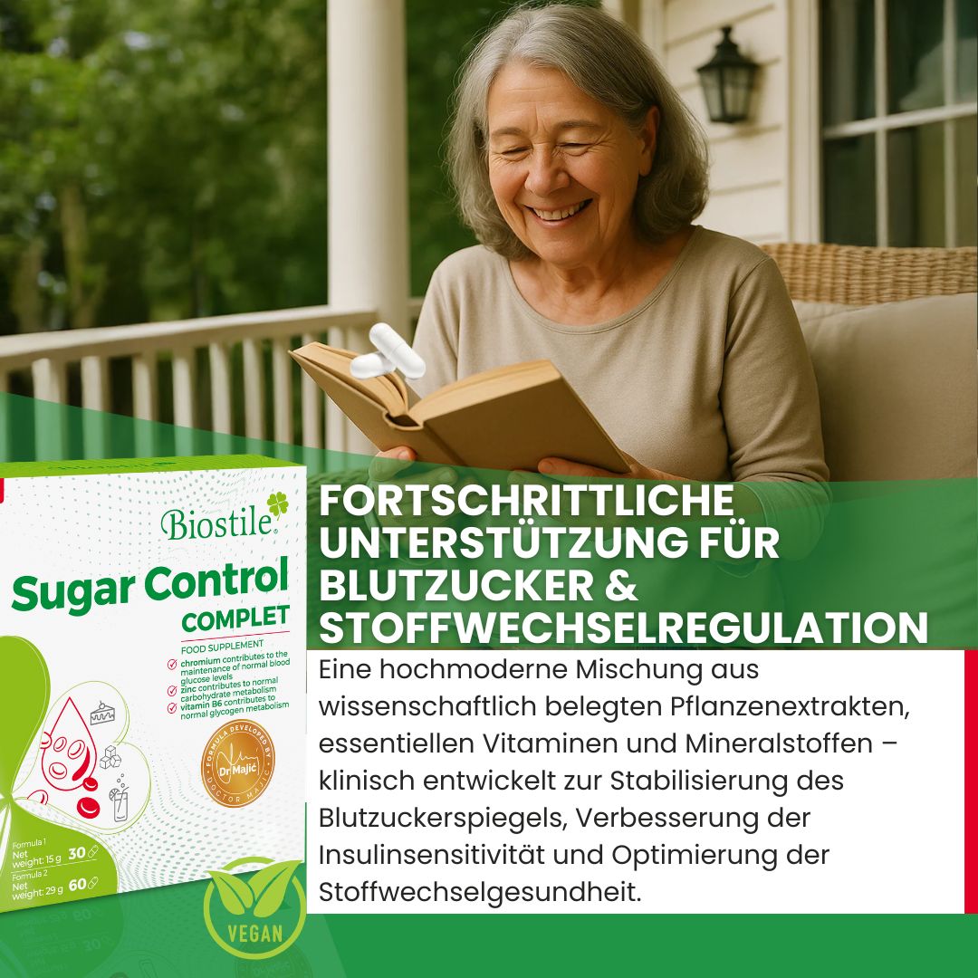 Ältere Frau liest Buch, daneben Biostile Sugar Control Komplett. Text: Fortschrittliche Unterstützung für Blutzucker & Stoffwechselregulation. Vegan.
