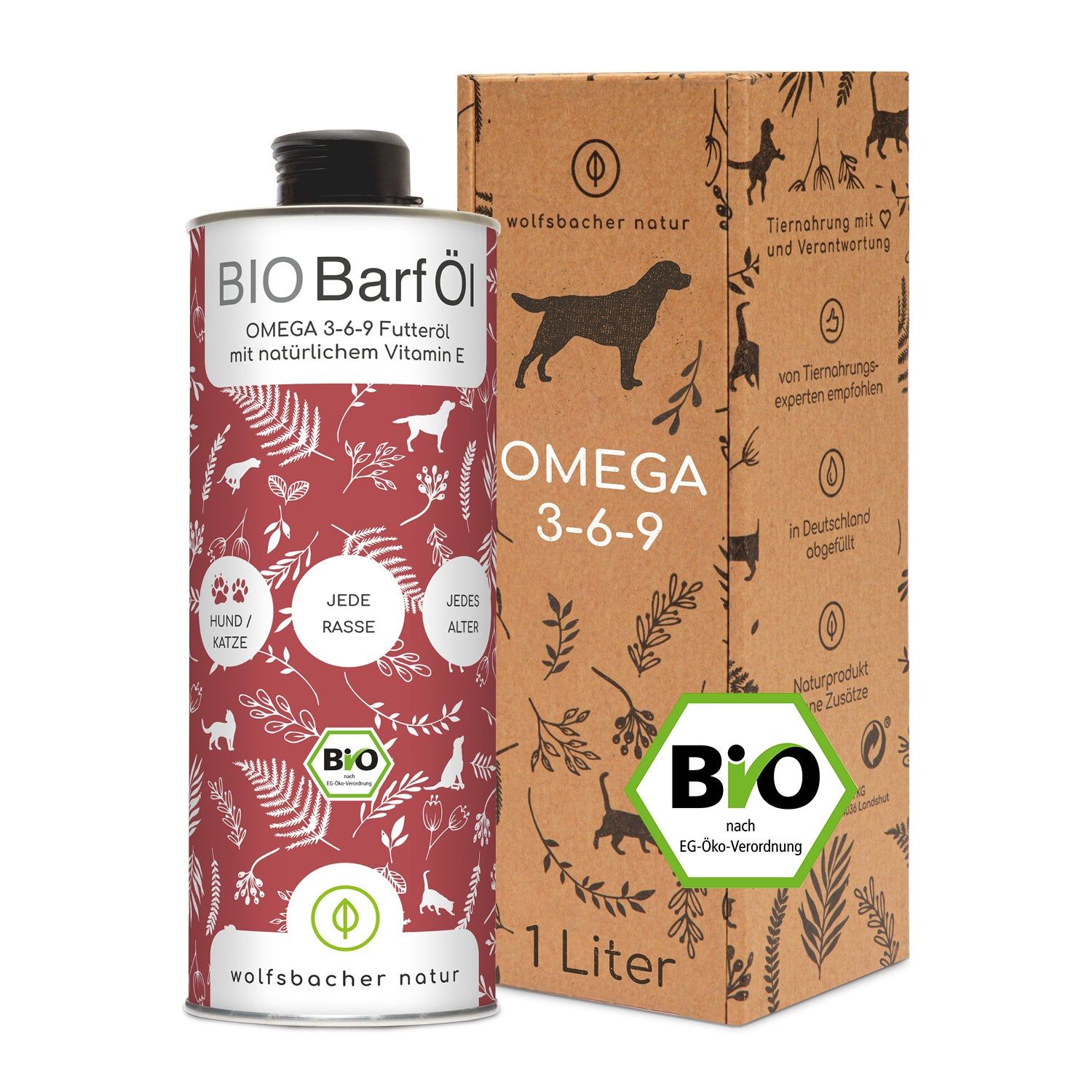 Bio Barf Öl Flasche und Karton. Aufschrift: Omega 3-6-9, Bio, 1 Liter. Zertifizierung nach EG-Öko-Verordnung.