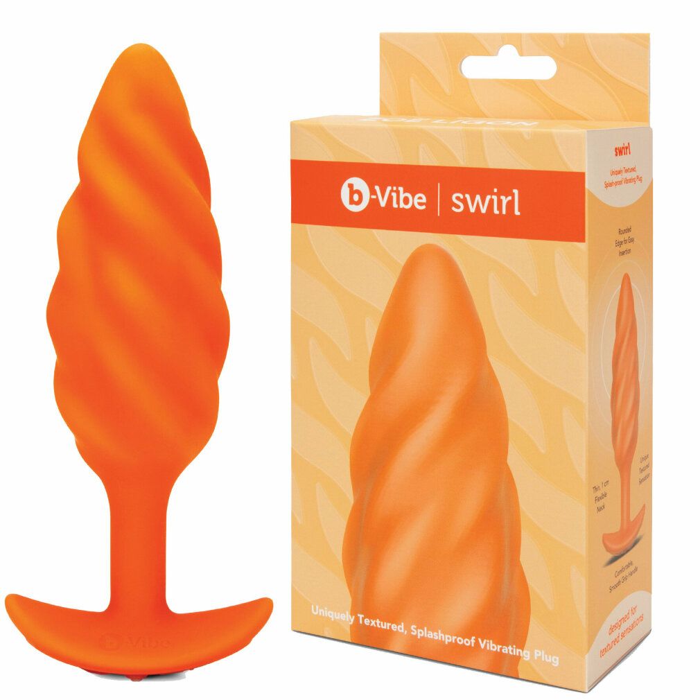 b-Vibe Swirl Plug und Verpackung. Orangefarbener Plug mit gewellter Textur. Marke und Produktname sichtbar.