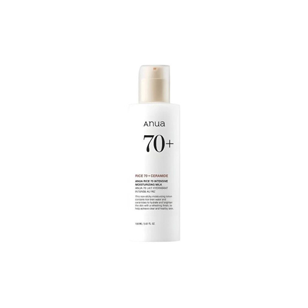 Weiße Flasche mit beigem Deckel. Aufschrift: Anua, 70+, Rice 70+ Ceramide, Intensive Moisturizing Milk. Text in Englisch.