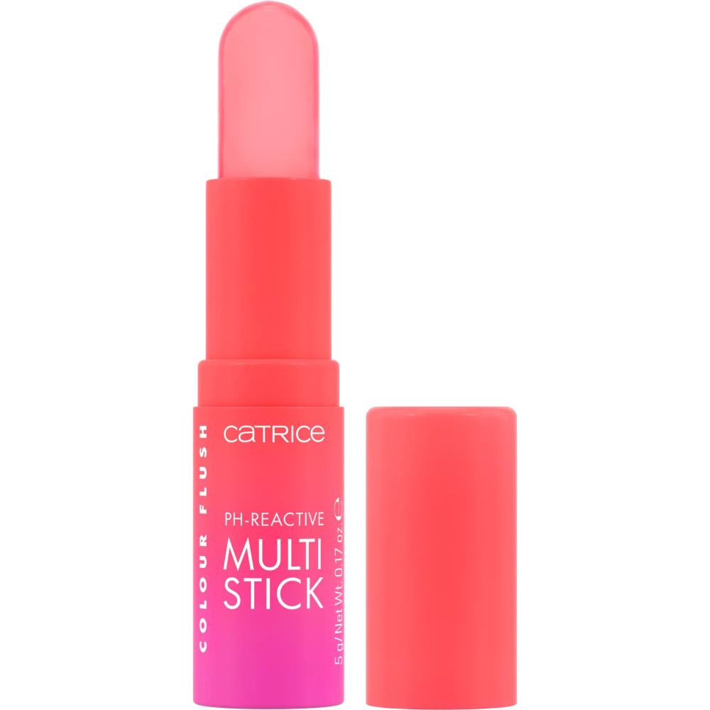 Multi-Stick, geöffnet, mit rotem Gehäuse und pinkfarbenem Produkt. Aufschrift: Catrice, Colour Flush, pH-Reactive, Multi Stick.