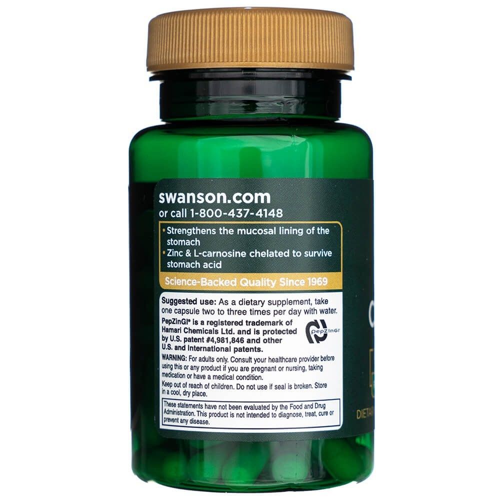 Rückseite einer grünen Dose mit Swanson Zink-Carnosin, Anwendungsratschläge und Produktinformationen.