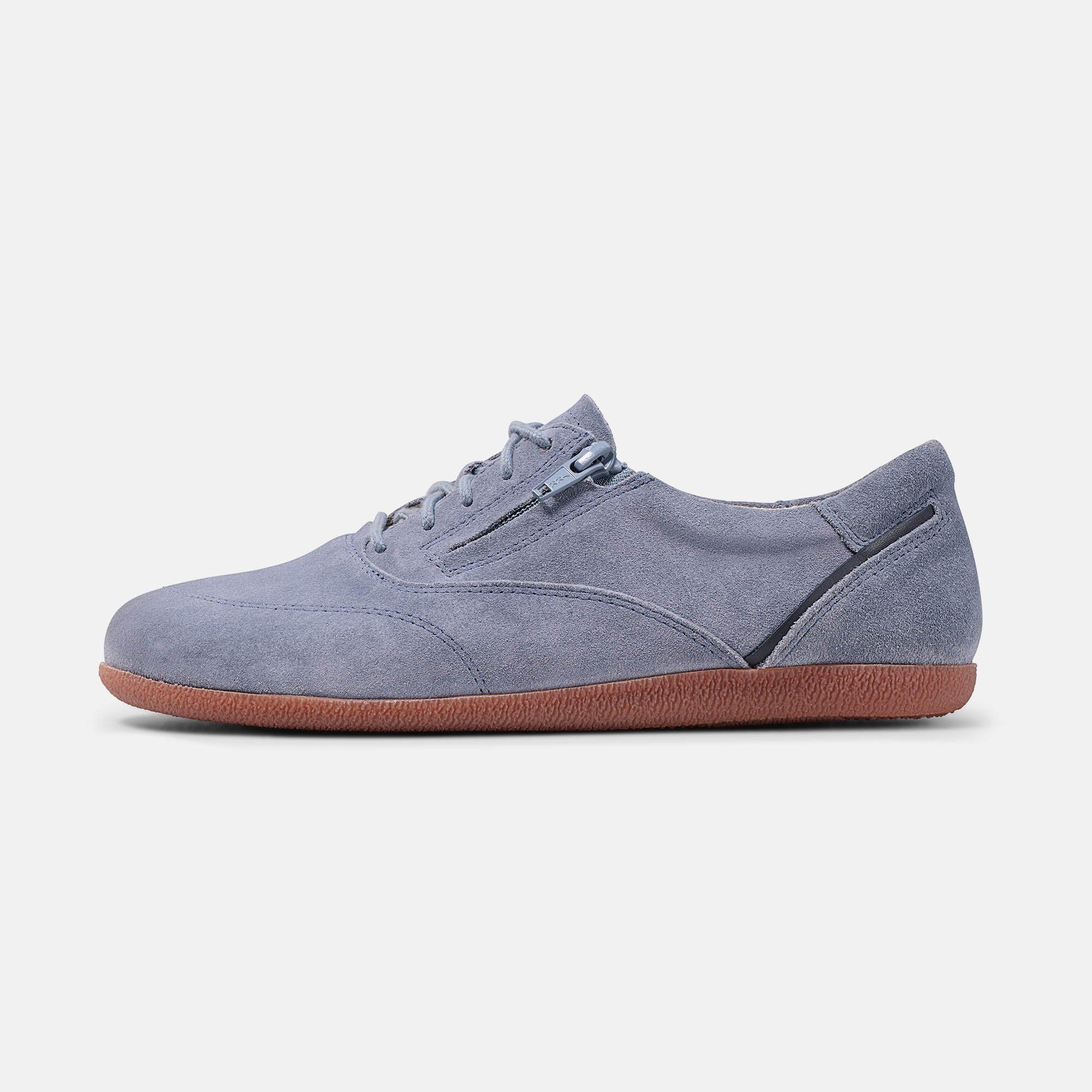 Blauer Schnürschuh mit seitlichem Reißverschluss und brauner Sohle. Weite: breit.