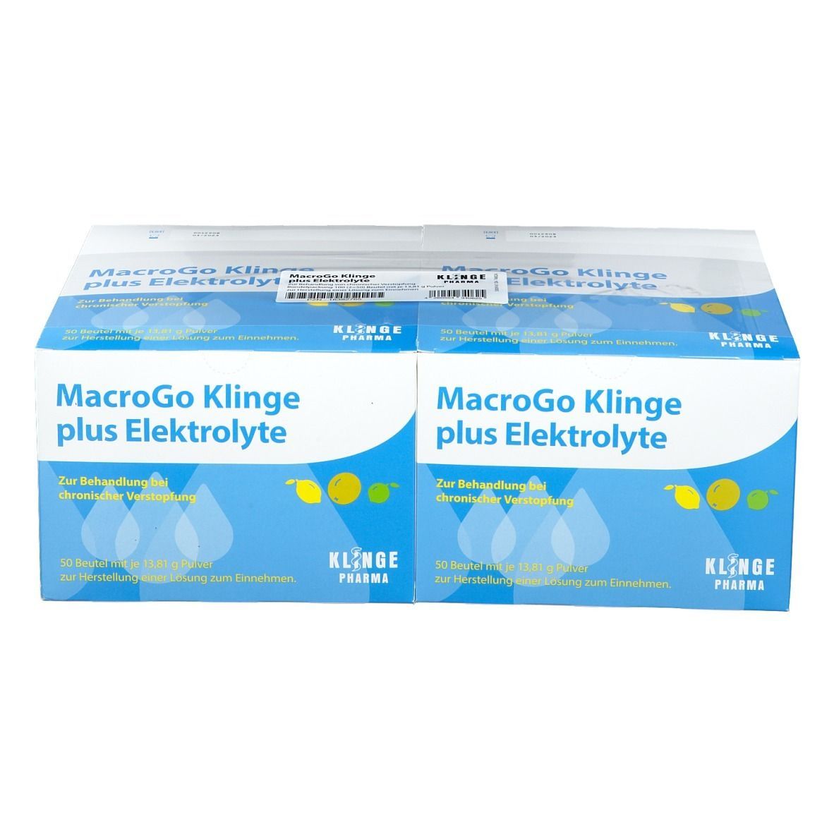 Karton mit Produktaufdruck: MacroGo Klinge plus Elektrolyte. Blaue und weiße Verpackung. Klinge Pharma Logo.