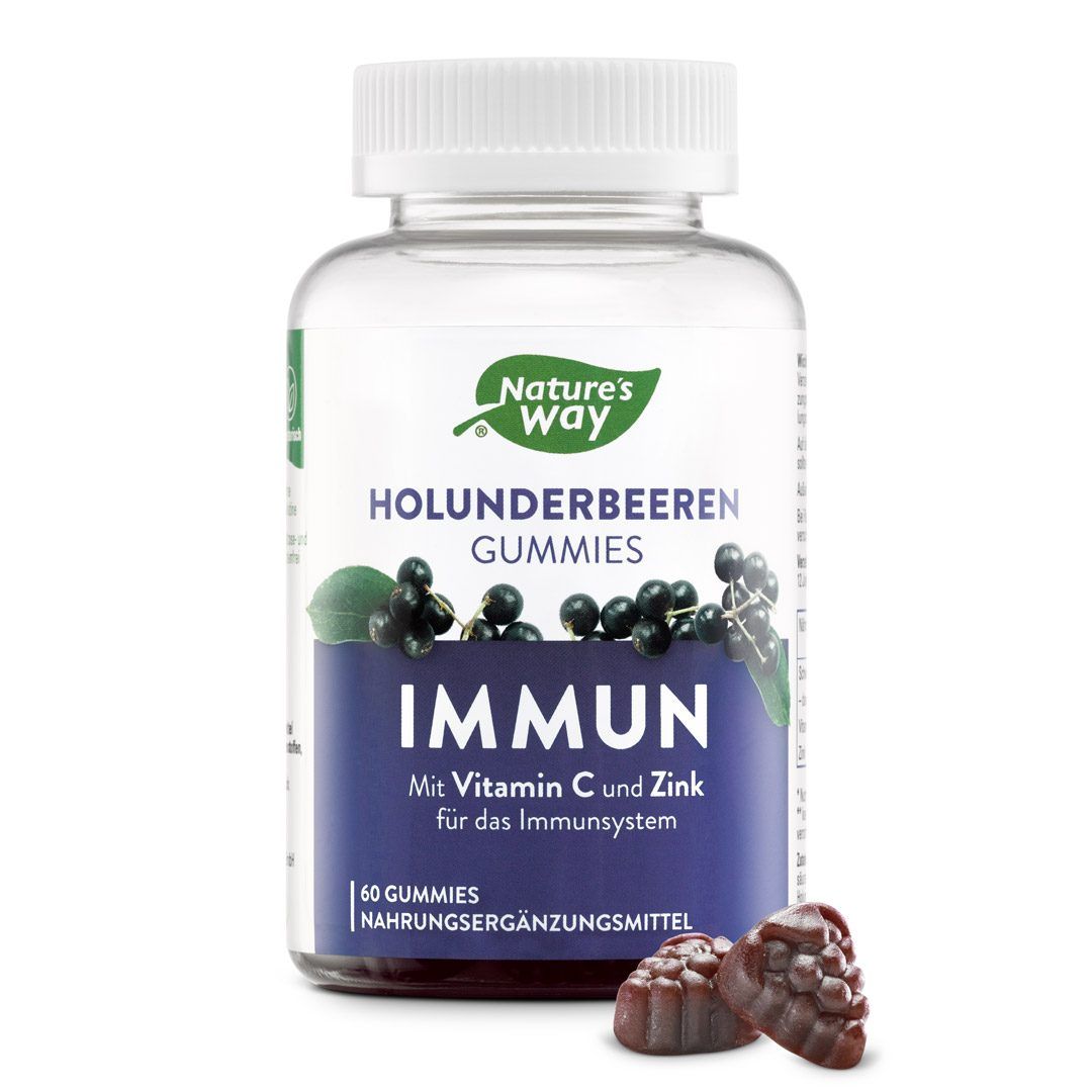 Klare Flasche mit weißen Deckel, Holunderbeeren Gummies. Aufschrift: IMMUN, Vitamin C und Zink. 60 Gummies.