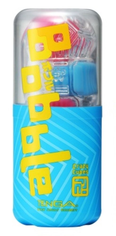 Blau-transparente Verpackung mit gelbem Schriftzug "BOBBLE" und Produktnamen "Crazy Cubes". Marke: TENGA.