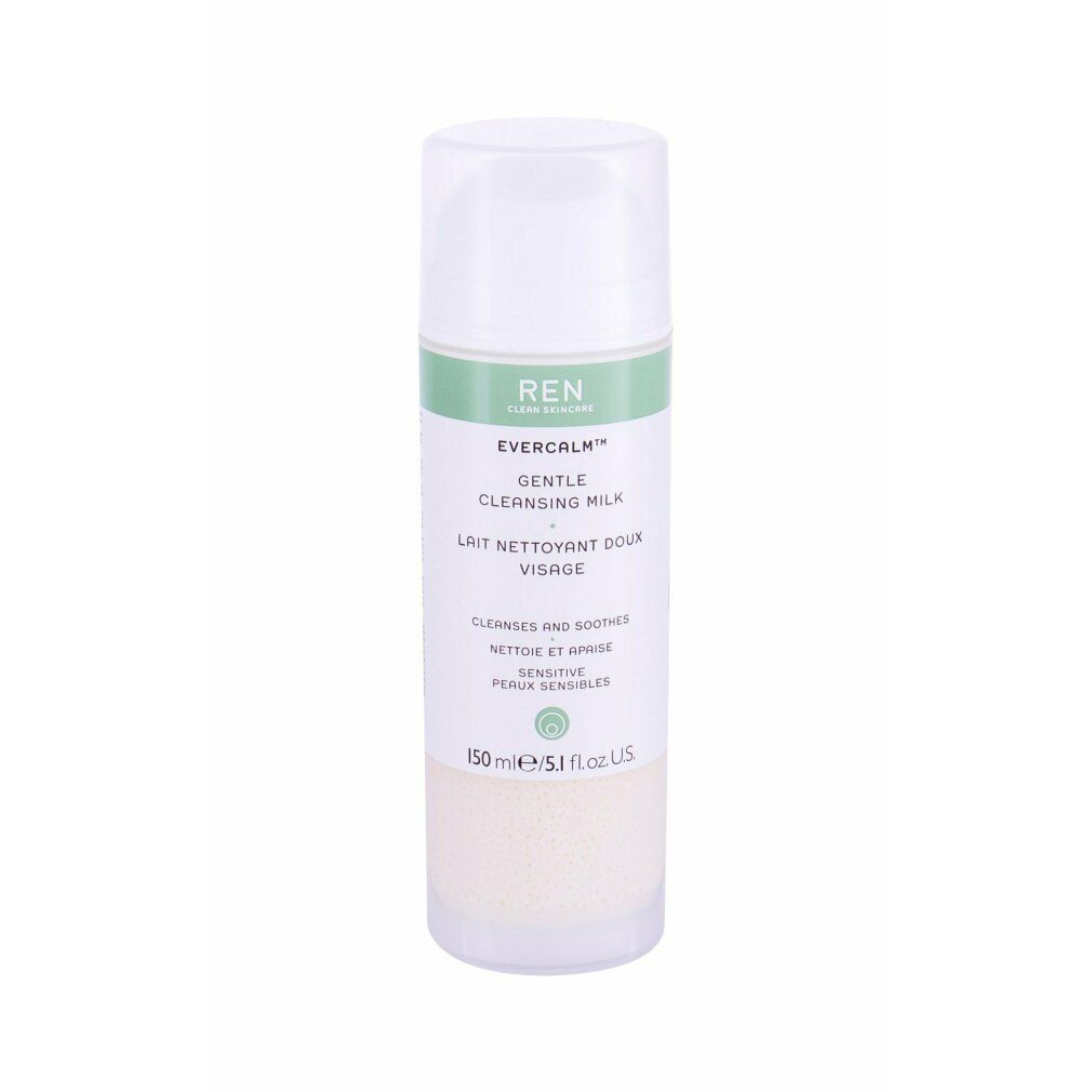 Weiß-grüne Flasche mit Produkttext. Aufschrift: REN Evercalm Gentle Cleansing Milk. 150 ml.