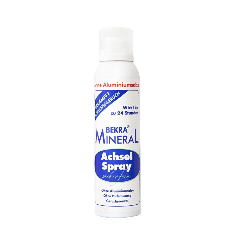Weißes Spray mit blauem Etikett. Beschriftung: BEKRA MINERAL Achsel Spray mikrofein. Ohne Aluminiumsalze, ohne Parfümierung.