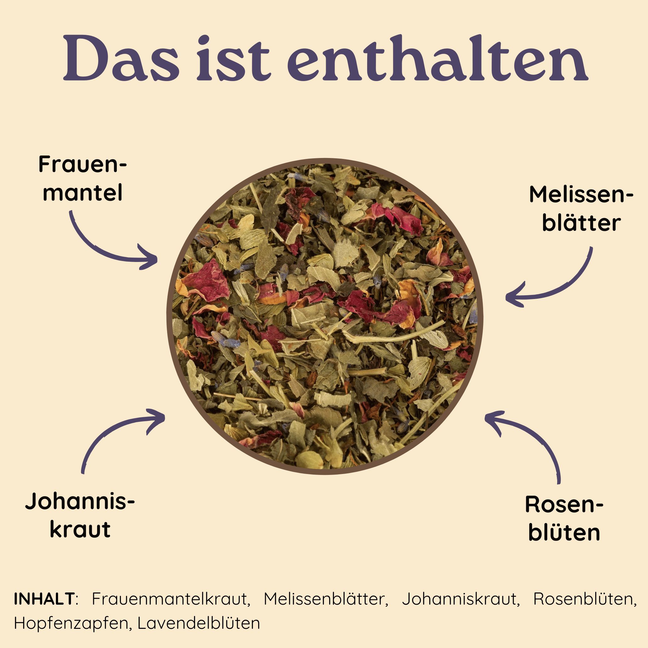 Kreisförmige Anordnung von Kräutern: Frauenmantel, Melissenblätter, Johanniskraut, Rosenblüten. Text: Das ist enthalten.