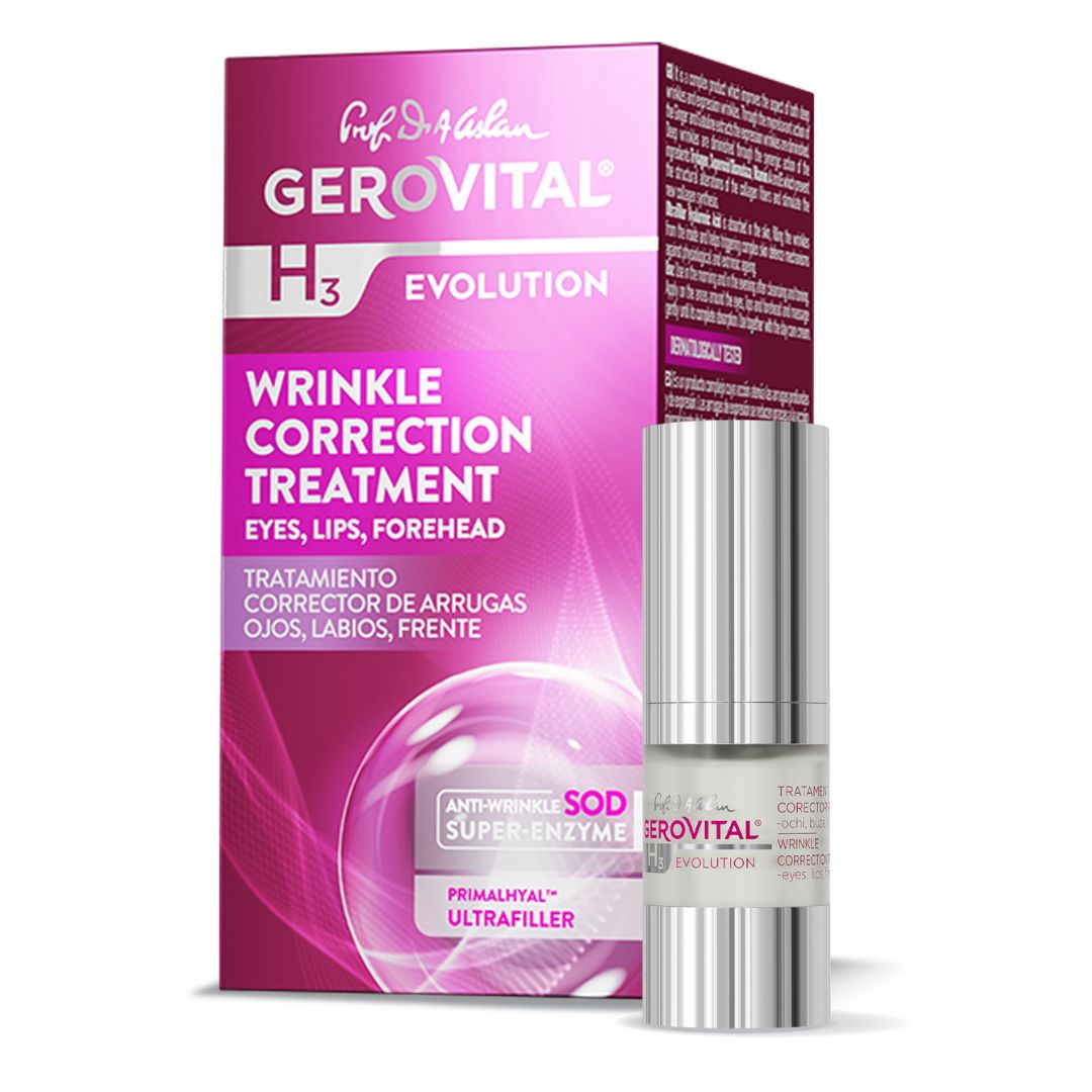Gerovital-Serum und Verpackung. Faltenkorrektur für Augen, Lippen, Stirn. H3 Evolution. Rosa und Weiß.