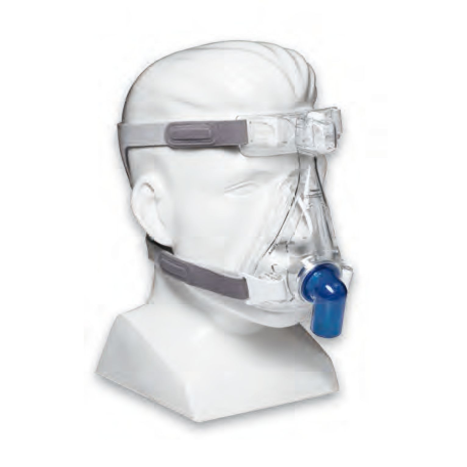 Philips CPAP Maske Amara Mund-Nasenmaske, transparent, mit Kopfband und blauem Anschlussstück.