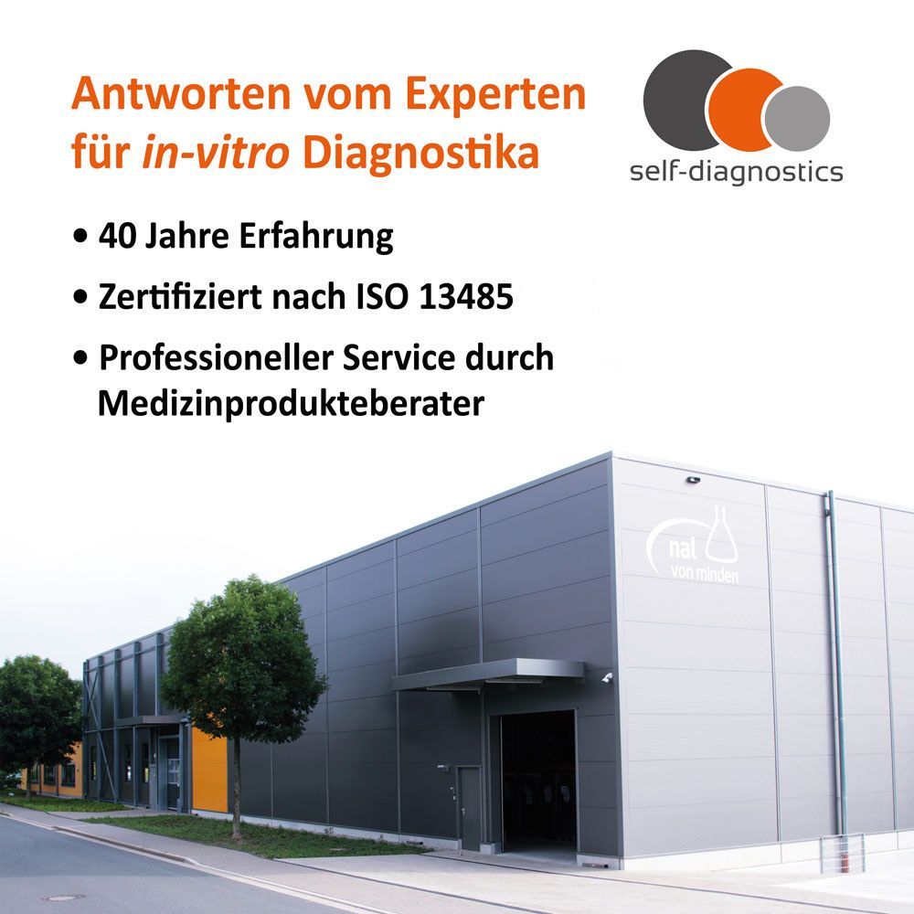 Gebäude mit Text: Antworten vom Experten für in-vitro Diagnostika. ISO 13485 zertifiziert. Logo self-diagnostics.