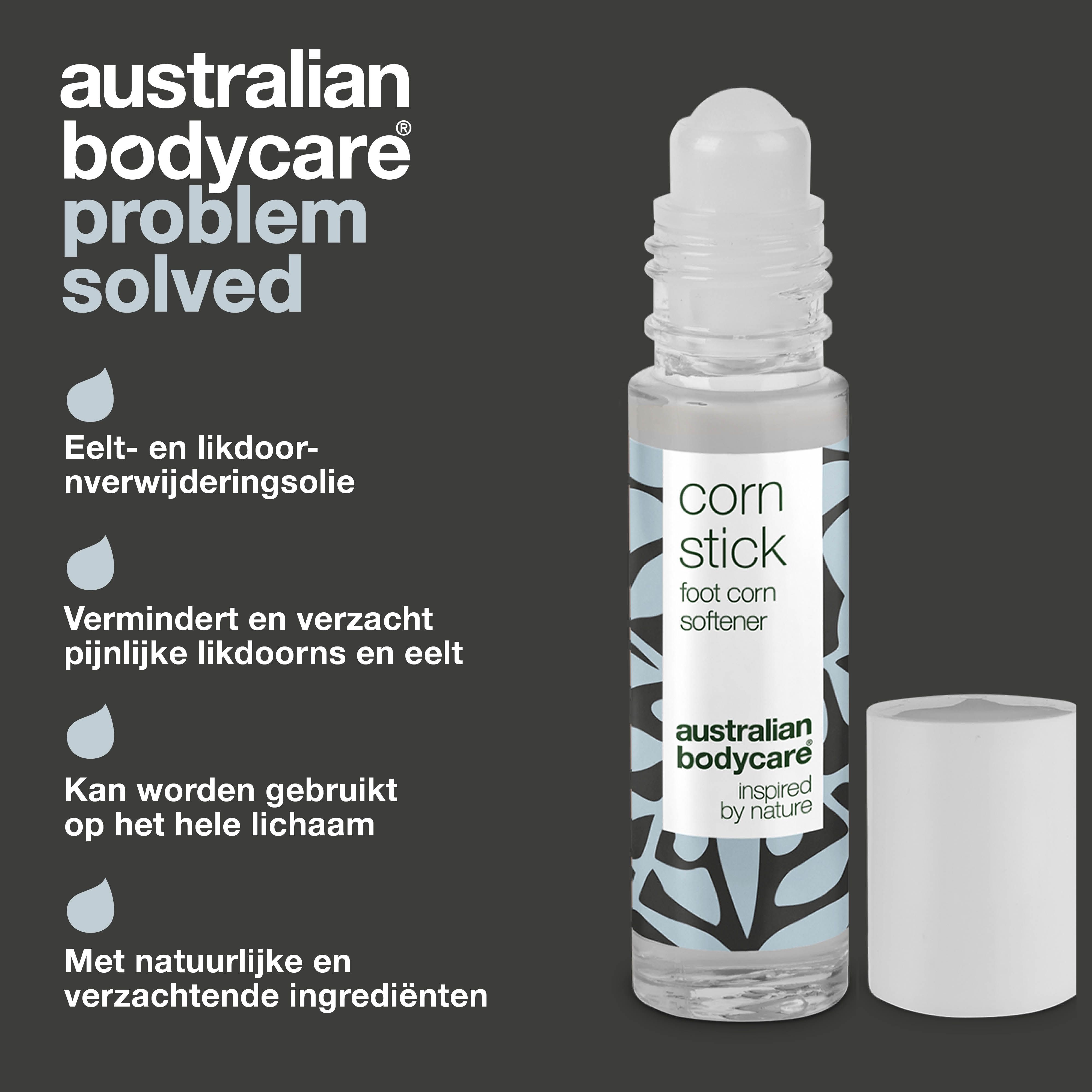 Roll-on fles met witte dop. Opschrift: corn stick, foot corn softener, australian bodycare.