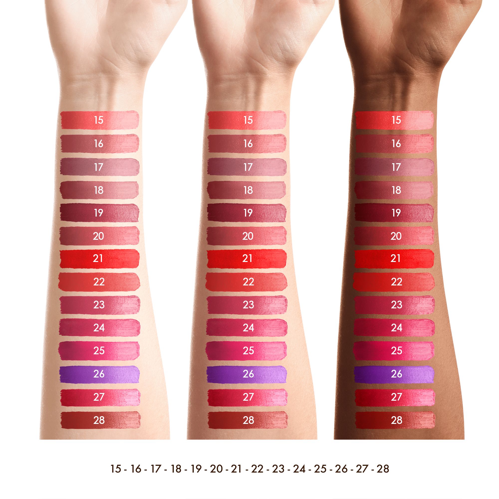 Arme mit Lippenstift-Swatches in verschiedenen Farben und Hauttönen.