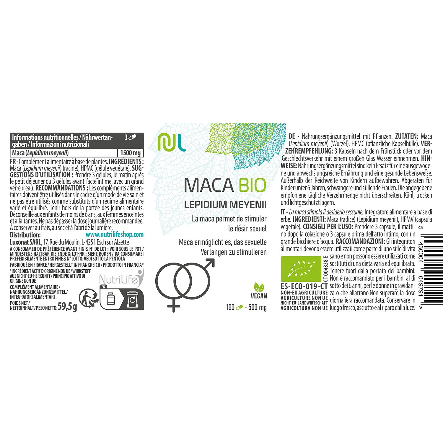 Rückseite einer weißen Flasche mit Kapseln. Aufschrift: MACA BIO, Lepidium meyenii. Vegan-Logo. Text in Deutsch, Französisch, Italienisch.