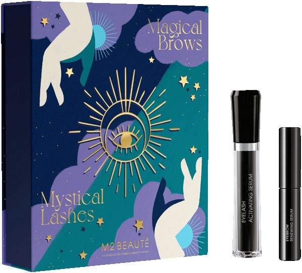 M2 Beauté Mystical Eyes Bundle: Kartonverpackung und zwei Seren für Wimpern und Augenbrauen.