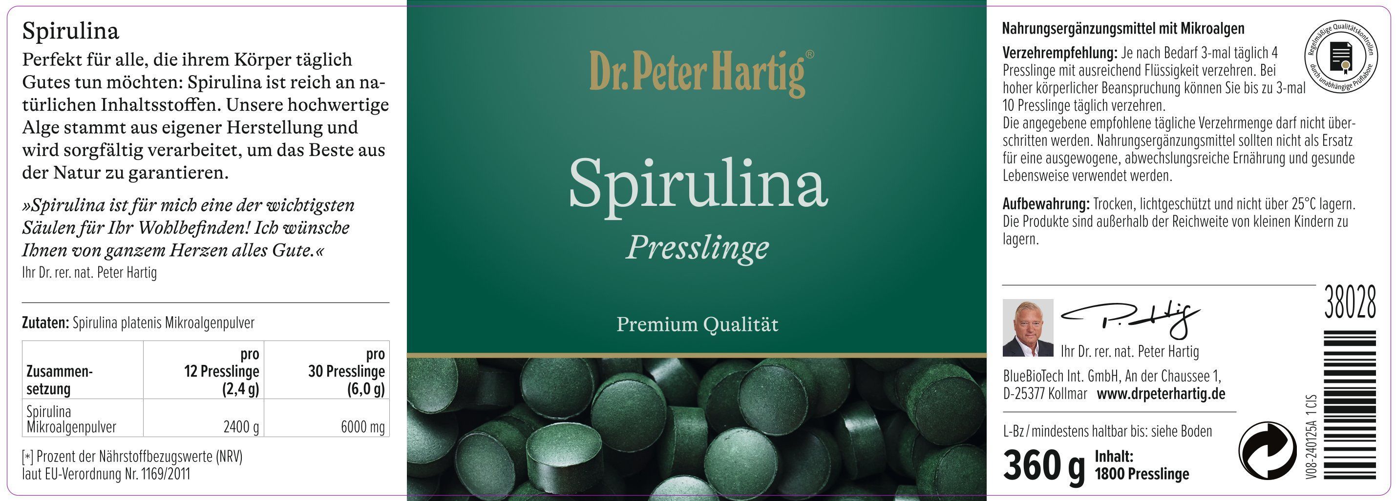 Etikett mit Text: "Spirulina Presslinge Premium Qualität". Enthält Informationen zu Inhaltsstoffen und Verzehrempfehlung. Text: "Dr. Peter Hartig".