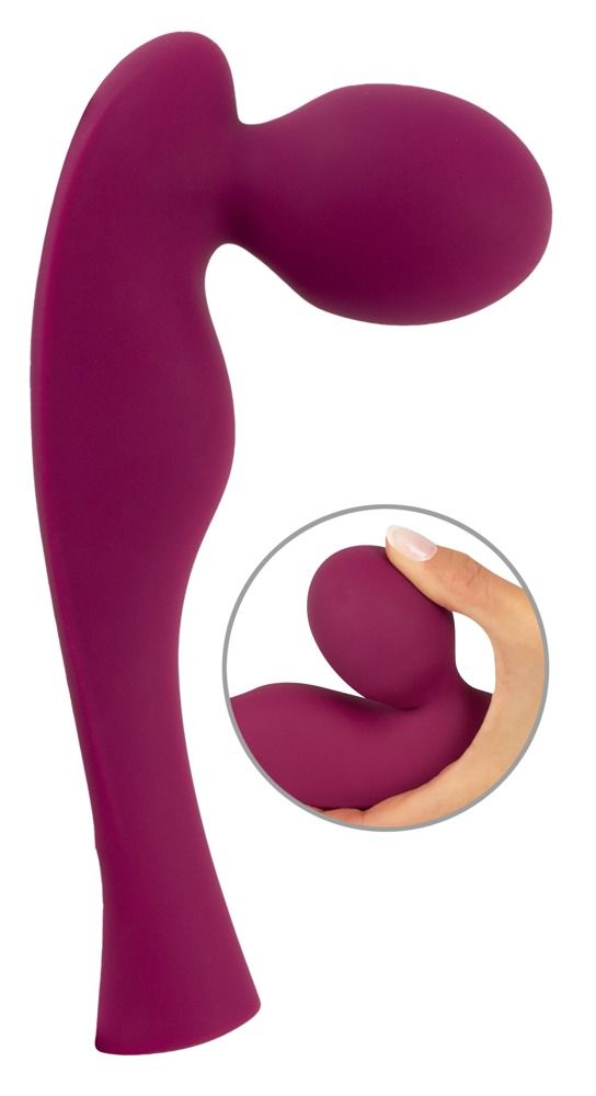 Massagegerät mit geschwungenem Griff, burgunderrot. Ergonomische Form mit zwei abgerundeten Enden. Inset: Hand hält das Gerät.