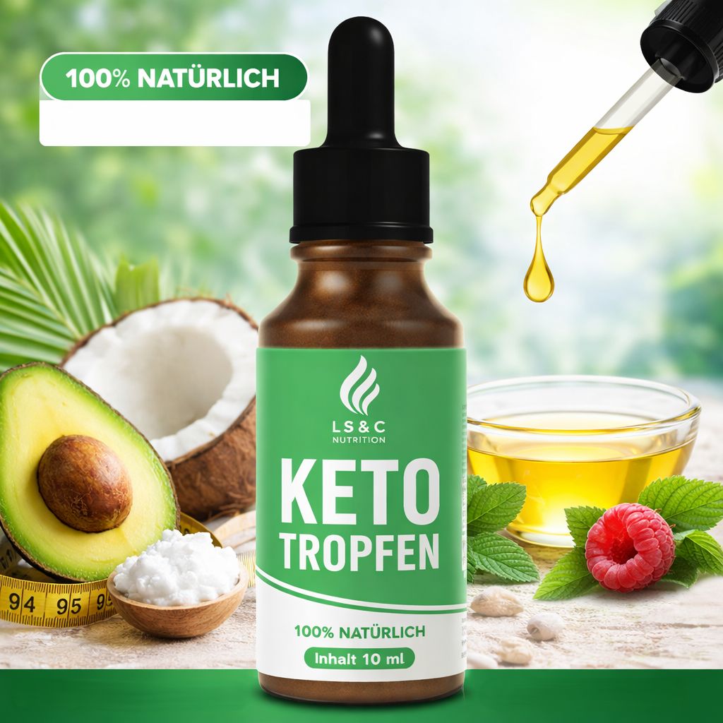 Braune Flasche mit grüner Aufschrift. Tropfen fallen aus einer Pipette. Kokosnuss, Avocado, Himbeere und Öl im Hintergrund.