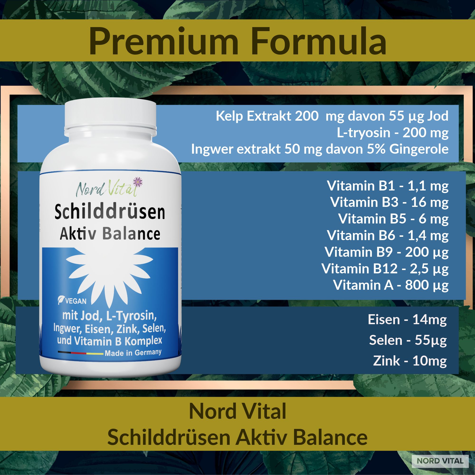Nord Vital Schilddrüsen-Aktiv-Balance -13-in-1-Komplex mit Jod, L-Tyrosin, Ingwer, Selen, Eisen, uvm