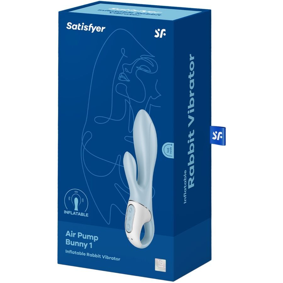 Blauer Karton mit Produktabbildung. Aufschrift: Satisfyer, Air Pump Bunny 1, Inflatable Rabbit Vibrator.