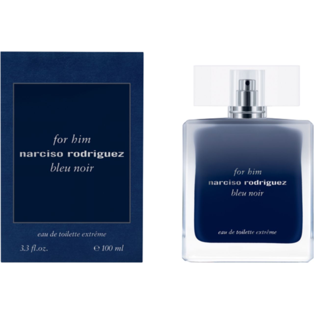 Dunkelblaue rechteckige Flasche. Aufschrift: For Him Narciso Rodriguez Bleu Noir, Eau de Toilette Extrême. Transparenter Sprühkopf.