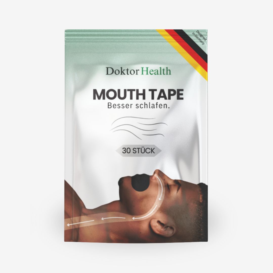 Verpackung mit Mundpflastern. Aufschrift: Doktor Health, Mouth Tape, Besser schlafen. 30 Stück. Abbildung einer Person mit Mundpflaster.