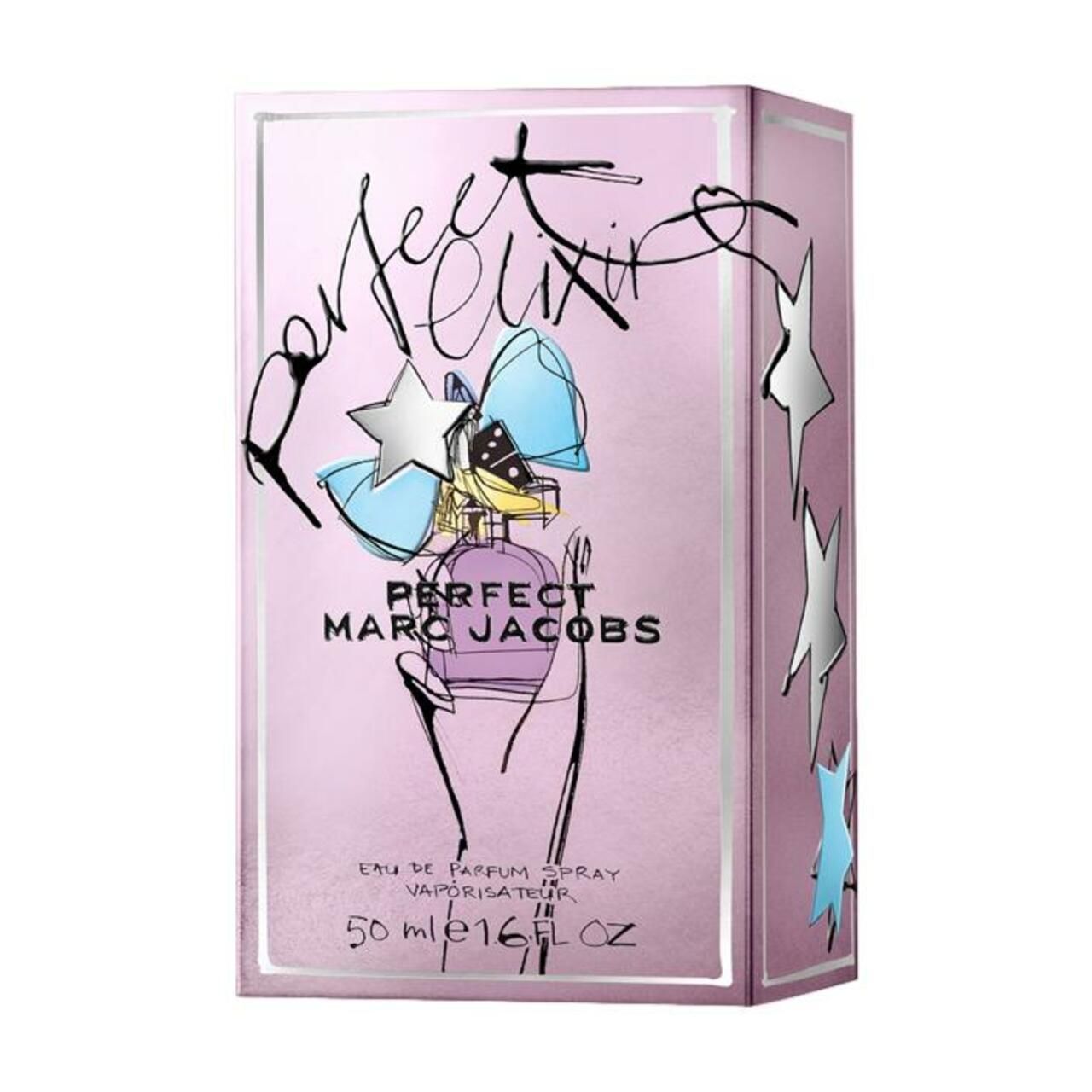 Rosa Verpackung mit Illustration eines Flakons. Aufschrift: Perfect Marc Jacobs Elixir. 50 ml.