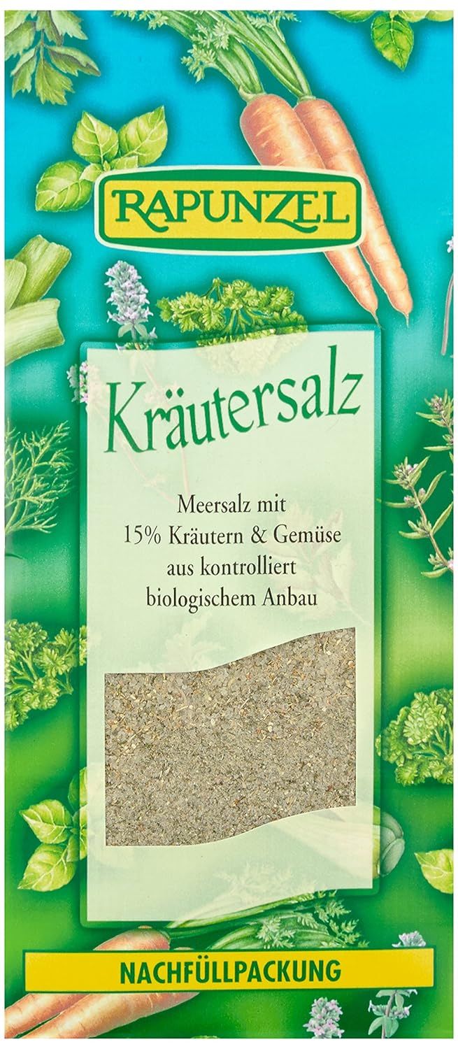 Rapunzel Kräutersalz Nachfüllpackung mit Meersalz, Kräutern und Gemüse aus biologischem Anbau.