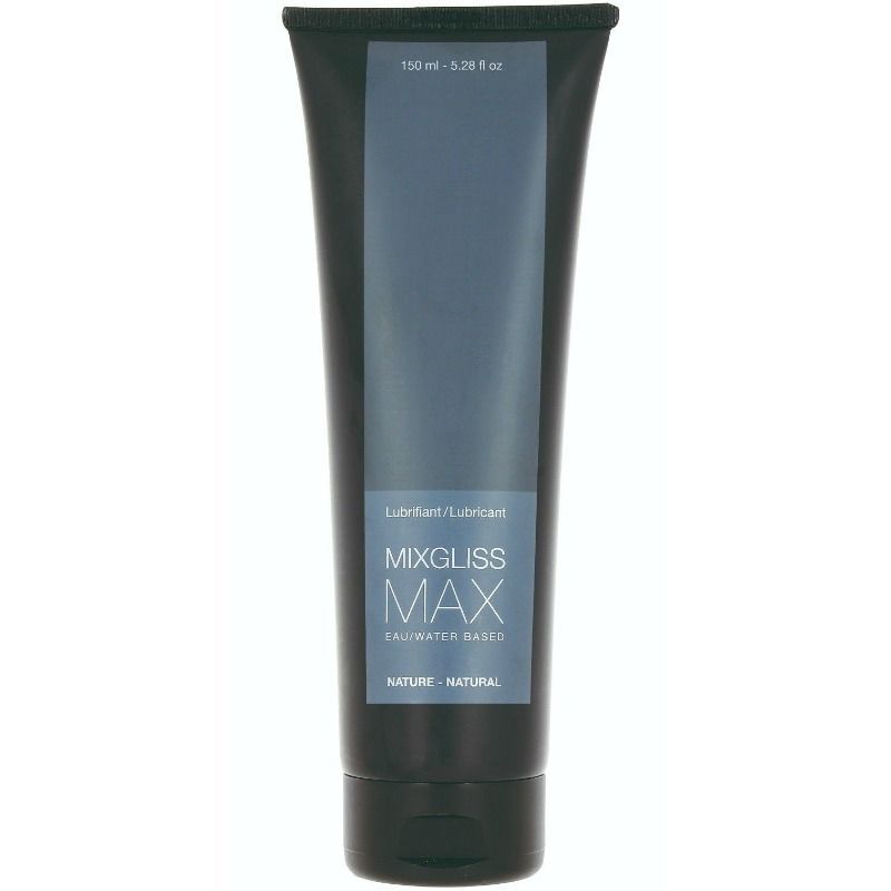 Schwarze Tube mit blauem Etikett. Beschriftung: MIXGLISS MAX, 150 ml - 5.28 fl oz.