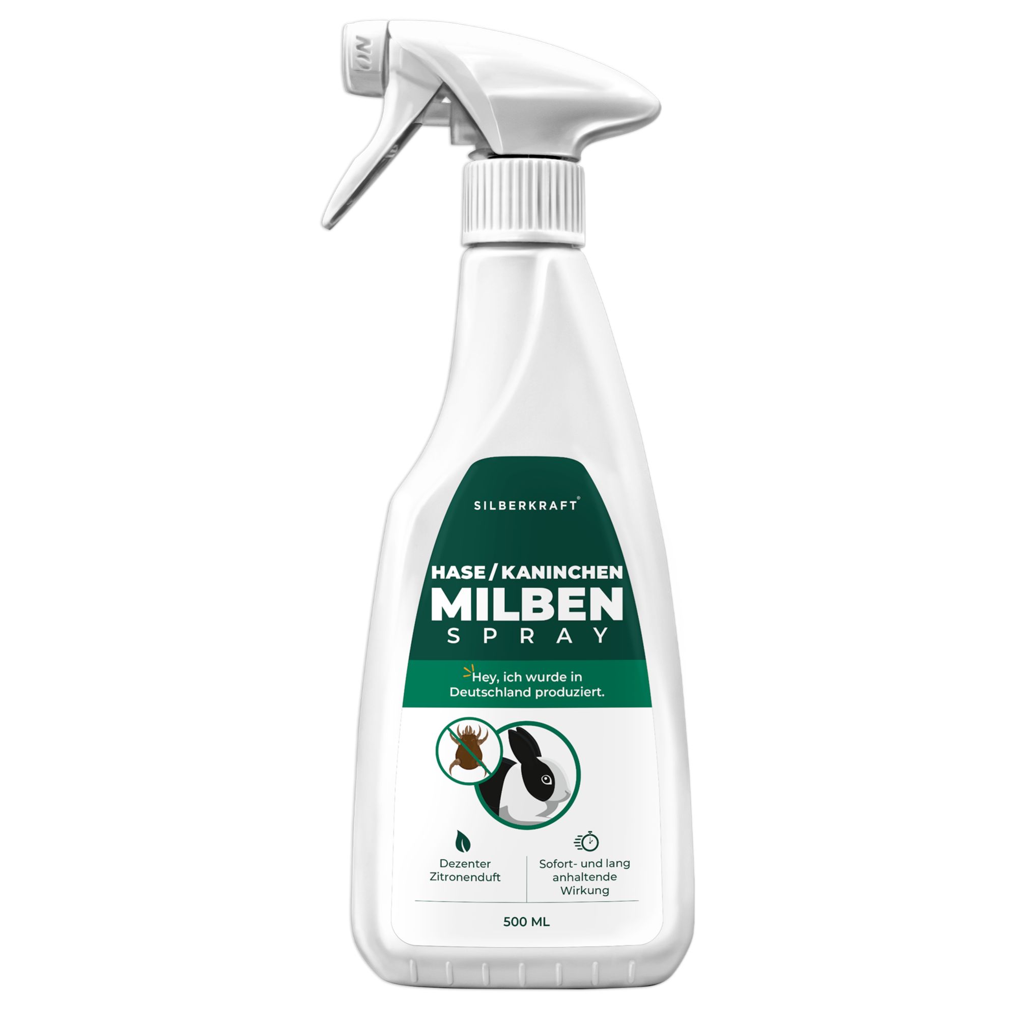 Weiße Sprühflasche (500ml) mit grünem Etikett für Milbenspray für Hasen/Kaninchen.