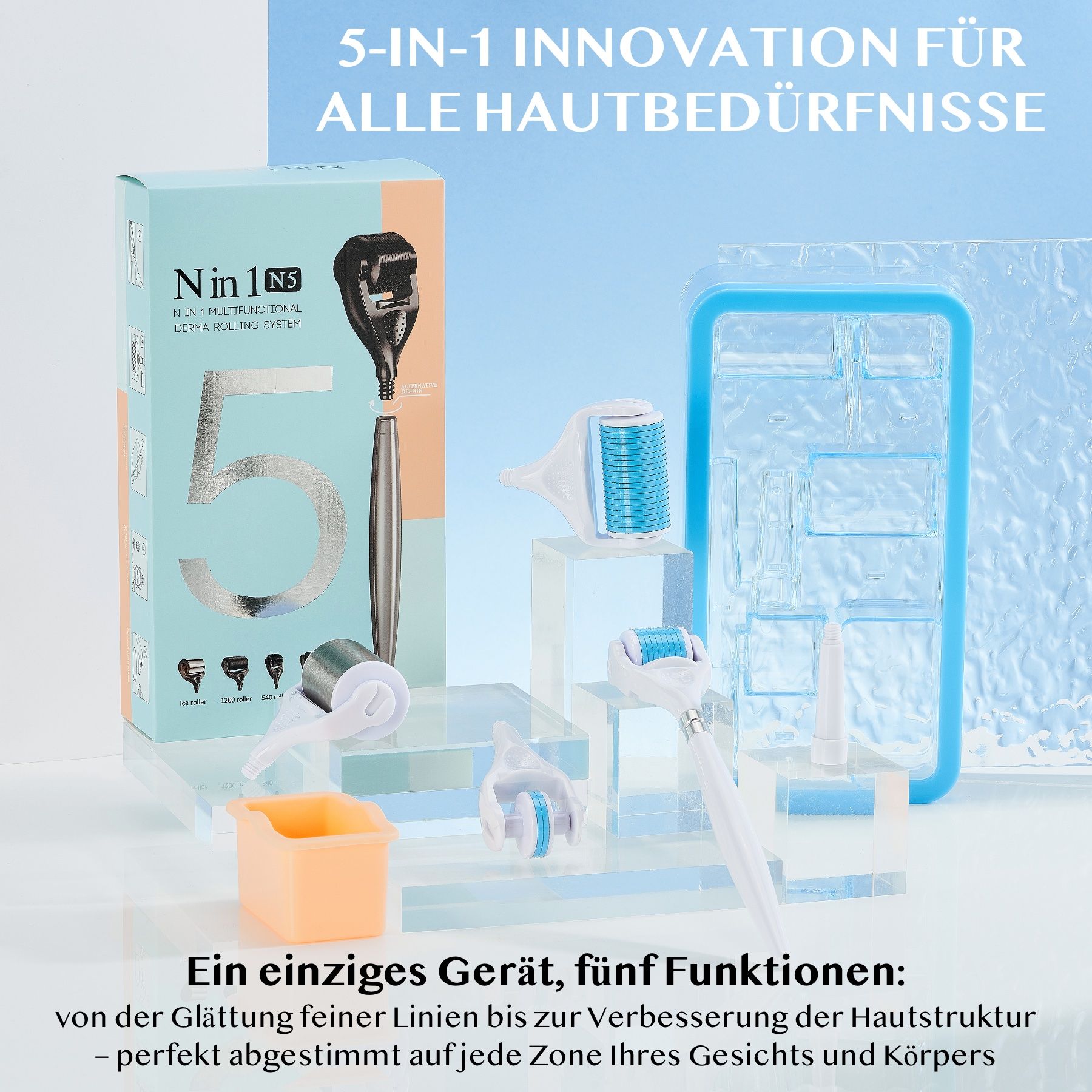 Mehrteiliges Derma-Roller-Set. Enthält Roller, Behälter und Zubehör. Verpackt in einer Box mit Produktnamen und 5-in-1-Funktion.