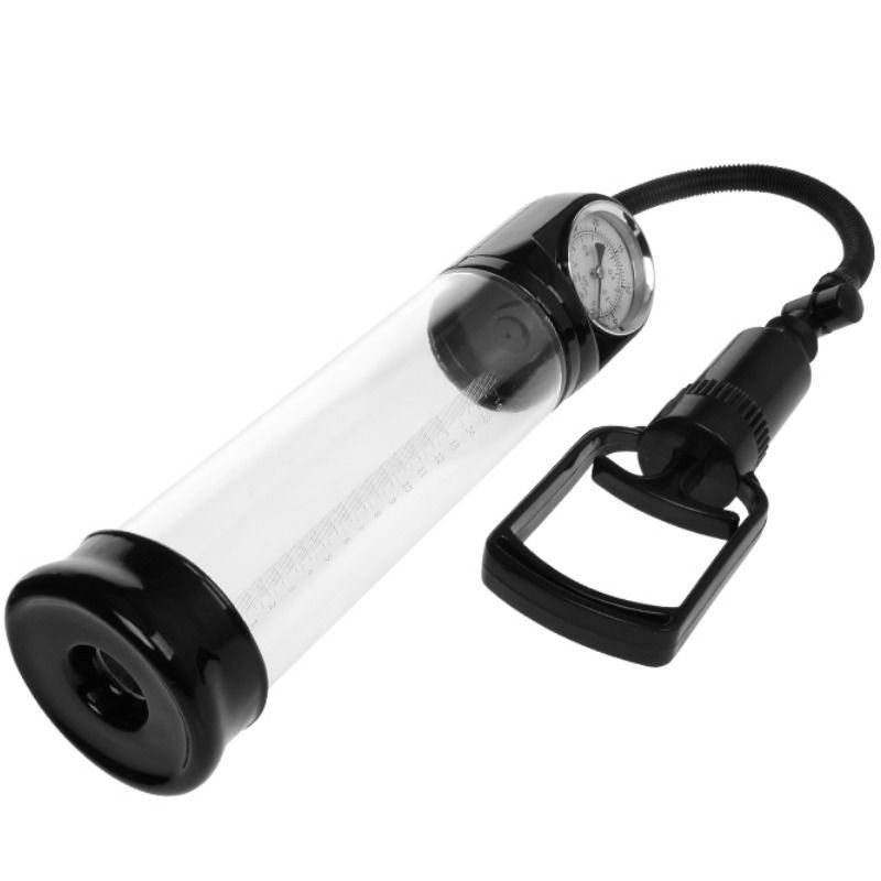 Transparente Penispumpe mit schwarzem Griff, Schlauch und Manometer.  