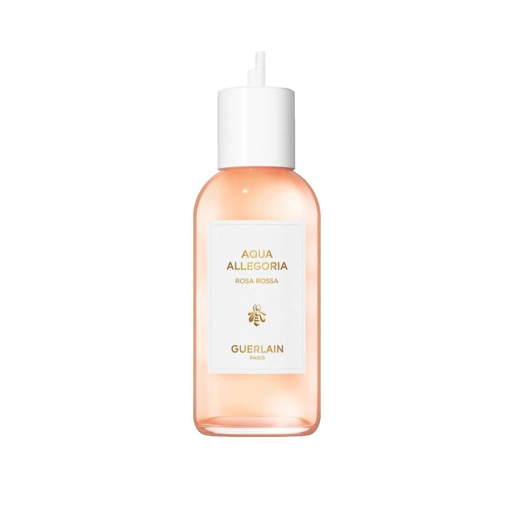 Transparenter Flakon mit weißem Verschluss. Auf dem Etikett steht "Aqua Allegoria Rosa Rossa" und "Guerlain".