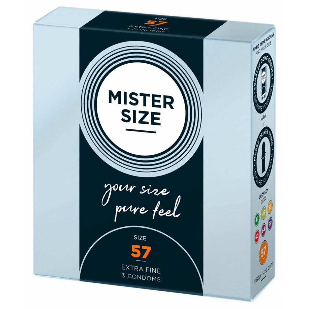 Weiße Schachtel mit Produktinformationen. Aufschrift: MISTER SIZE, SIZE 57, 3 Kondome. Text: your size pure feel. Extra Fine. Text in mehreren Sprachen.