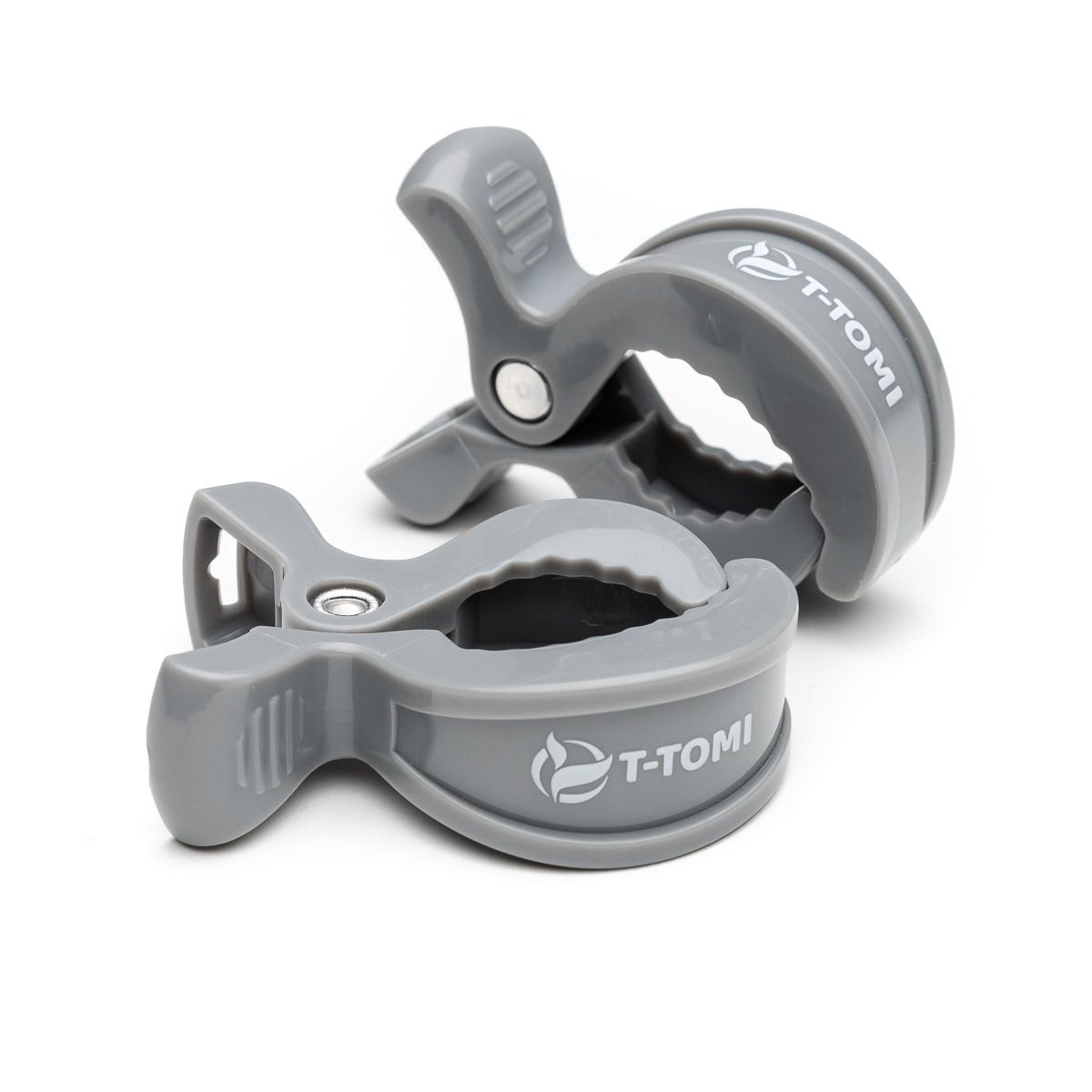 Zwei graue T-Tomi Clips mit Logo auf weißem Hintergrund.
