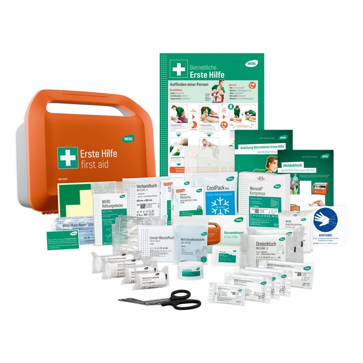 Orange Erste Hilfe Koffer mit umfangreichem Inhalt, inklusive Verbandsmaterial, Schere und Anleitung.