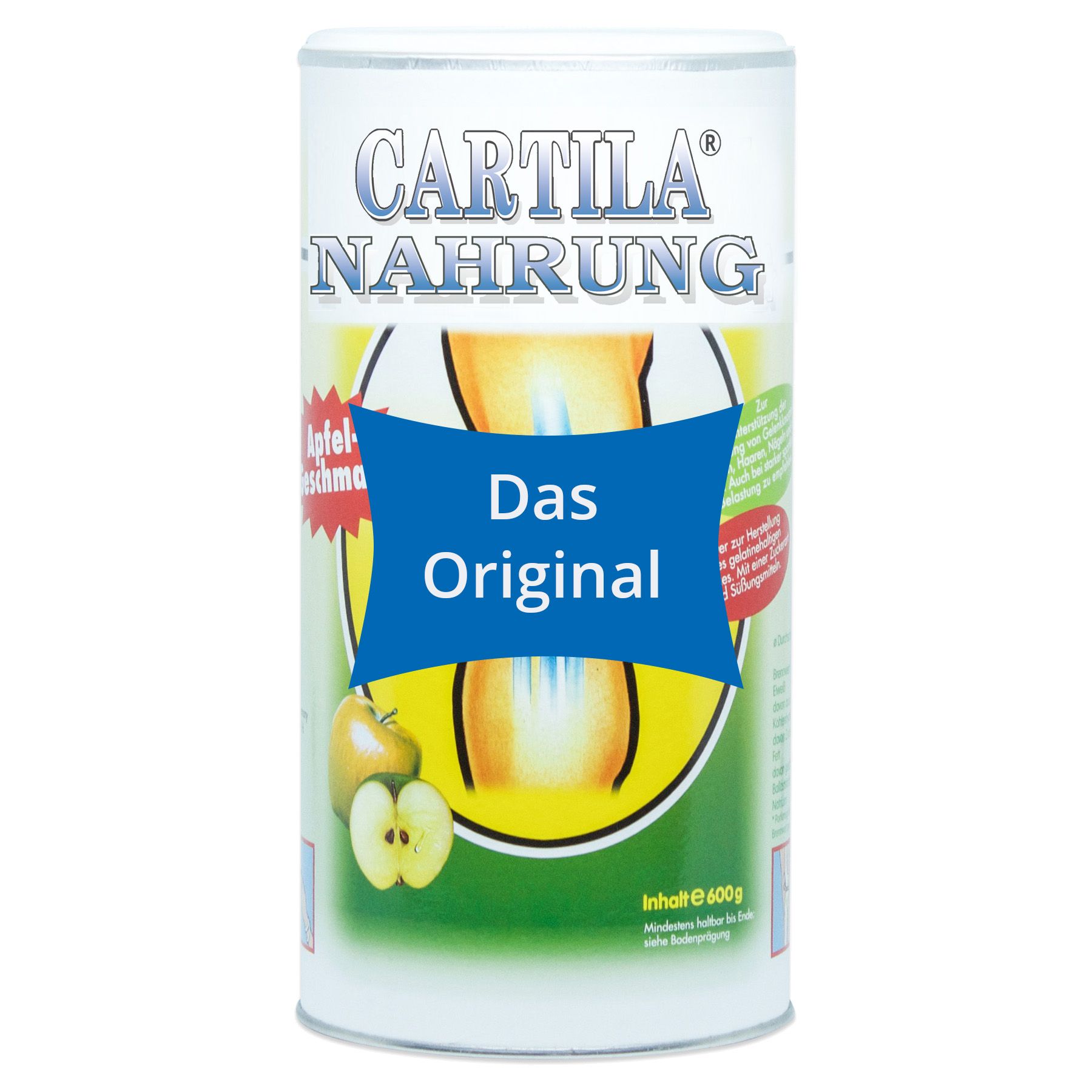 Zylindrische Dose Cartila® Nahrung. Aufschrift: Cartila® Nahrung, Das Original. Abbildung von Apfel und Gelenk.