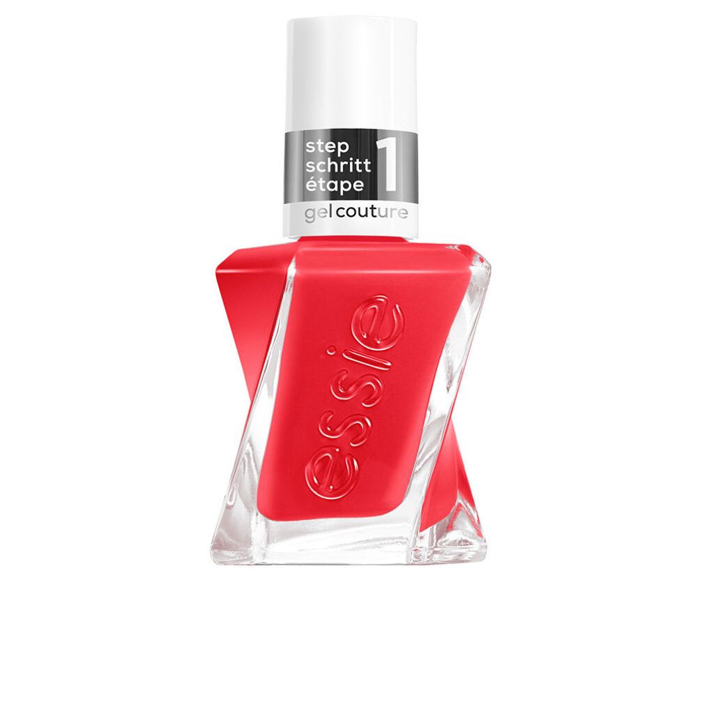 Essie Gel Couture Nagellack in leuchtendem Rot. Flasche mit verdrehtem Design und silbernem Etikett 'step 1'.