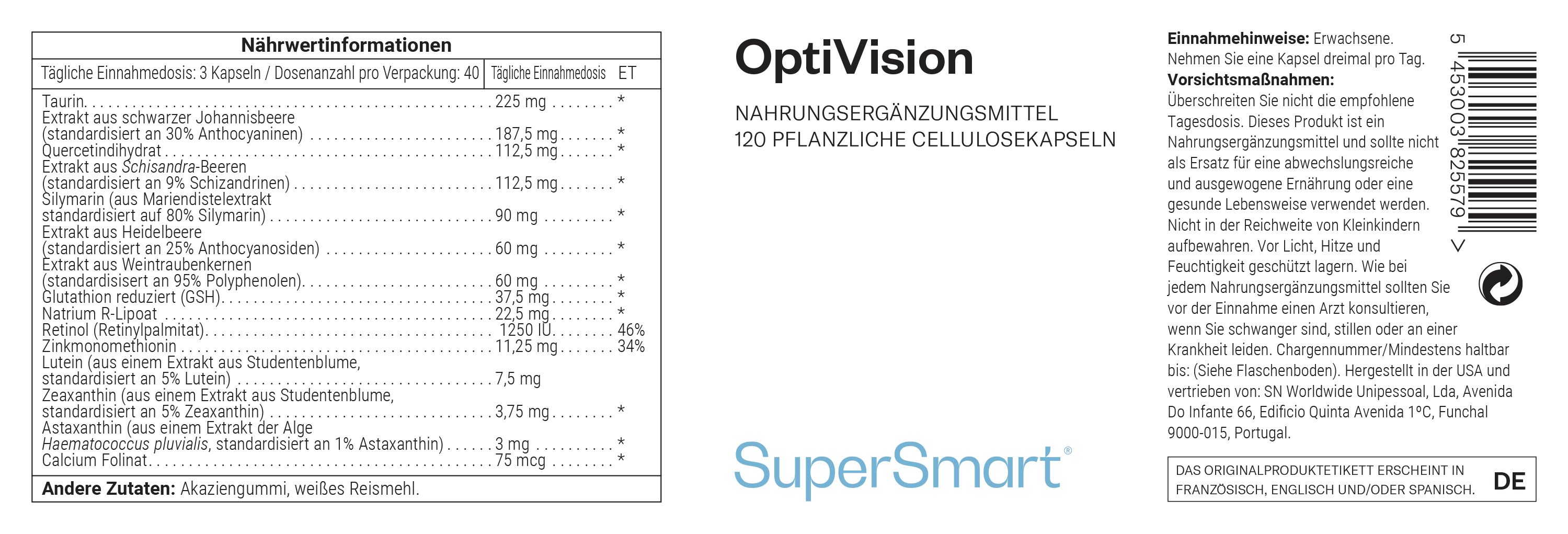 OptiVision Nahrungsergänzungsmittel. 120 pflanzliche Zellulosekapseln. Aufschrift: SuperSmart. Zutatenliste und Nährwertangaben. Barcode.