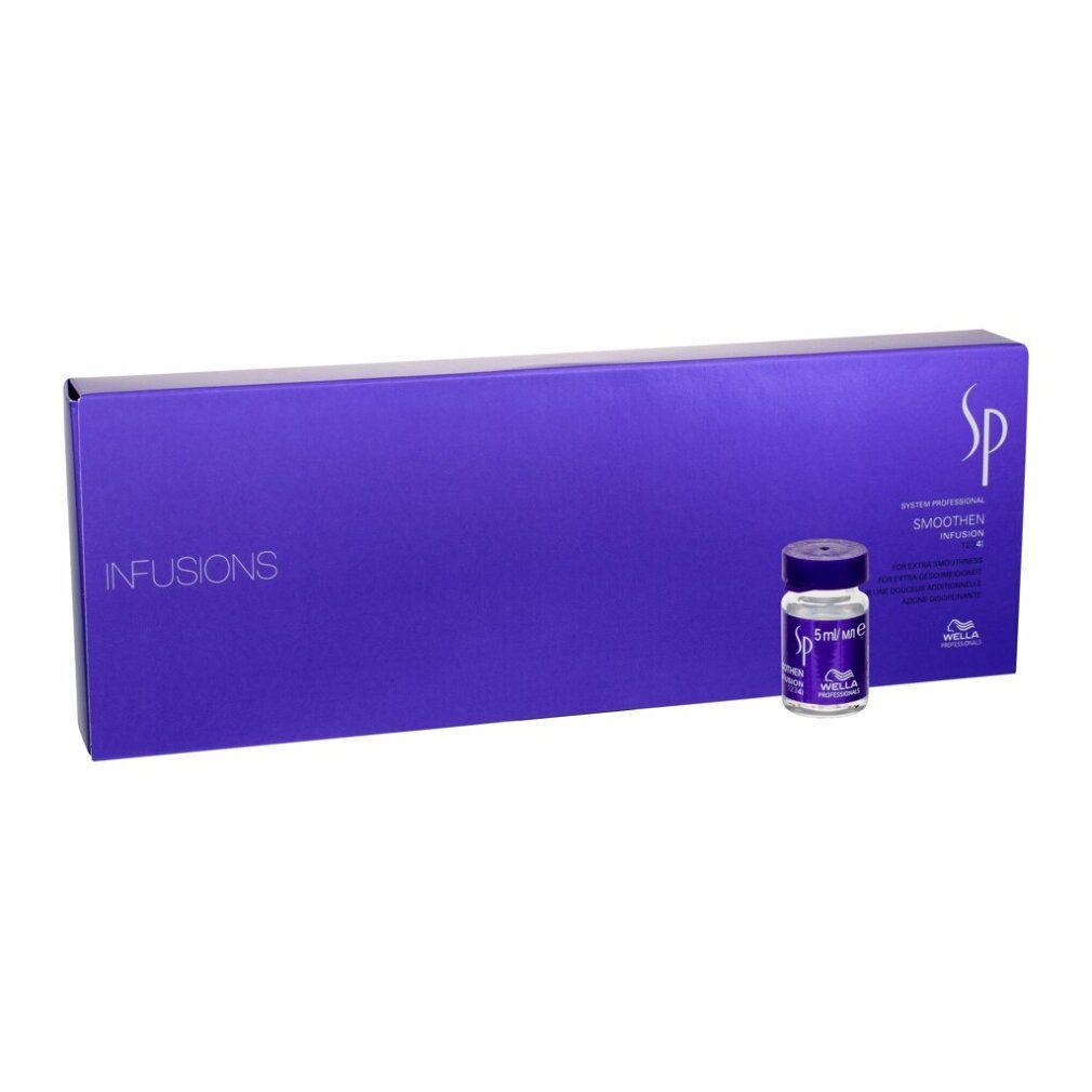 Violette Schachtel mit "INFUSIONS"-Schriftzug und einer Ampulle. Ampulle mit "Wella SP"-Logo.