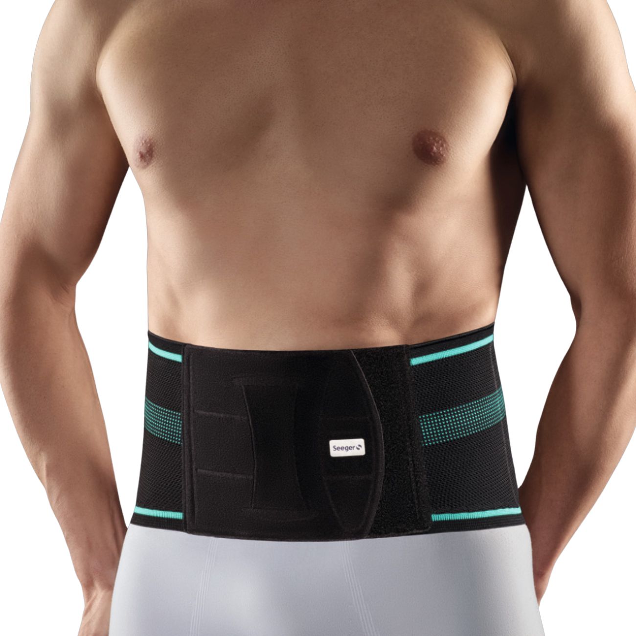 Rückenbandage, schwarz mit türkisen Details. Vorderansicht, getragen. Klettverschluss und Logo sichtbar.